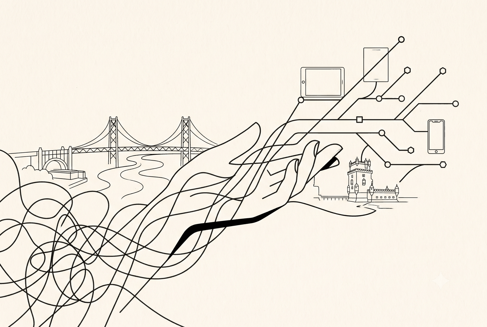 Illustration: a hand drawn from loose lines connects to digital devices above Lisbon